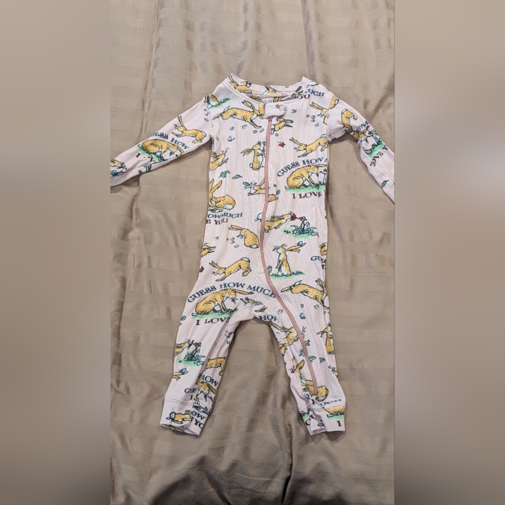 Baby sleeper, pink with bunny print, 'guess how much I love you', 12-18 months